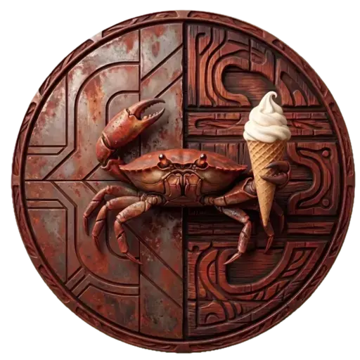 Emblema de rendimiento web combinando metalurgia y un cangrejo