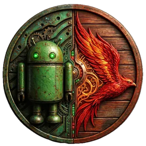 Emblema que representa el desarrollo nativo integrando la mascota de Android con elementos del ecosistema Apple